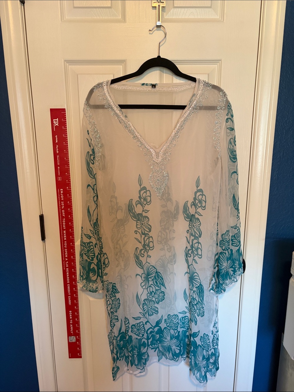 Women’s Sheer Floral Tunic Swim Cover-Up in Teal and White